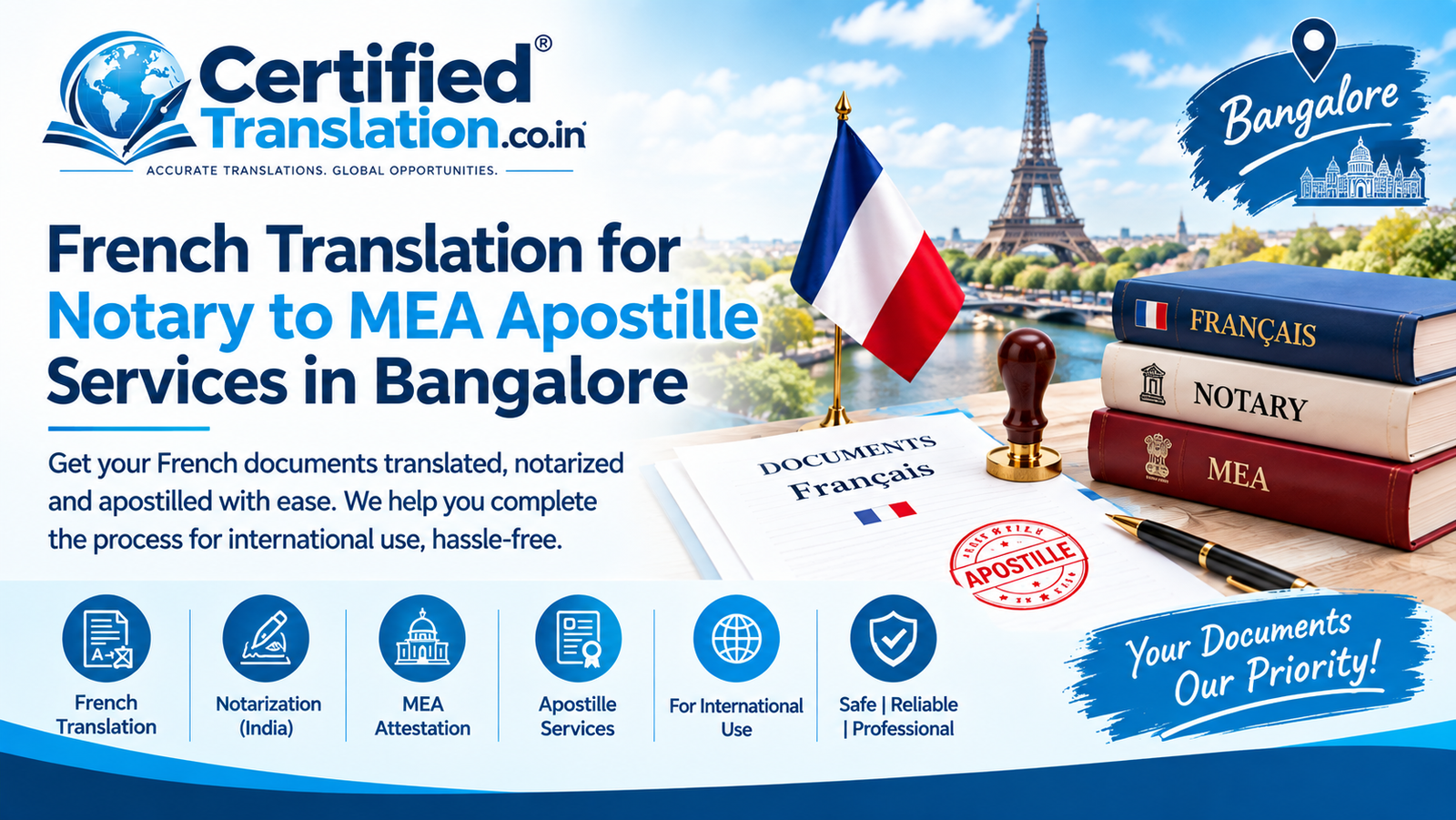 French Translation for Notary to MEA Apostille Services in Bangalore